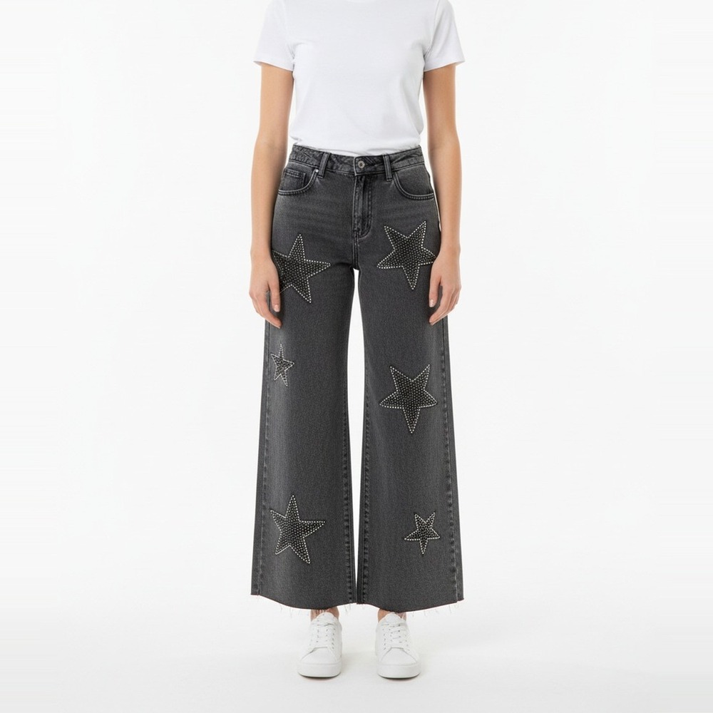 American Bazi NWT Star Rhinestone Wide-Leg Jeans Black Denim Pants Embellished S